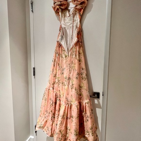 Mac Duggal Leena Ieena Floral Chiffon Ruffle Cut Out Lace Up Back Gown Dress 2 - Picture 9 of 9